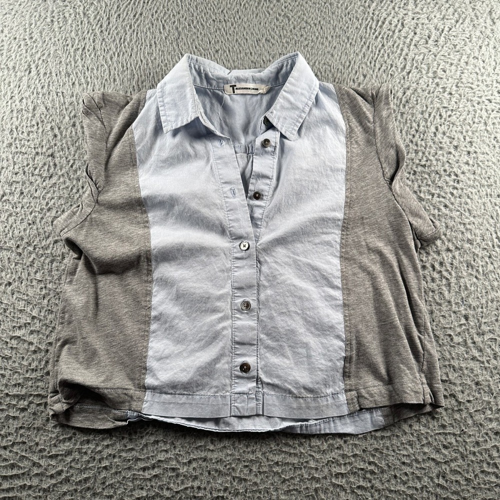 T‎ by Alexander Wang Top Womens Short Sleeve Button Front Mixed Media Gray Blue